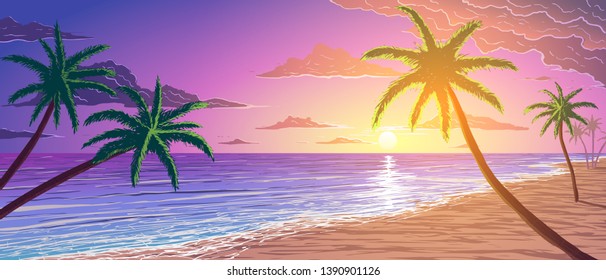 Vector palm trees on ocean shore at sunset