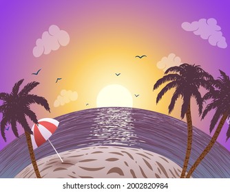 Vector palm trees on ocean coast background at sunset