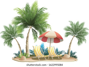 
vector palm trees, sunbeds, umbrellas, sand, sea, everything for the holiday.