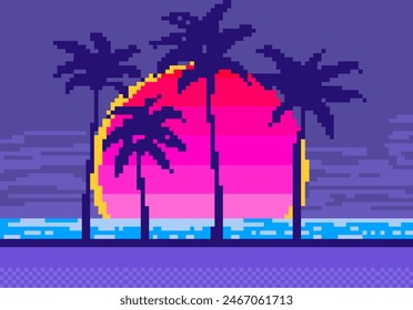 Vektorgrafik Palmen bei Sonnenuntergang im Pixel-Art-Stil. 8-Bit-Landschaft von Palmen am Ufer im Stil der 90er Jahre Video-Spiele.