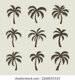 Vector Palm Trees, Palm Tree Icon Set Isolated. Palm Silhouettes. Design Template for Tropical, Vacation, Beach, Summer Concept. Vector Illustration. Front View