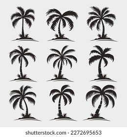 Vector Palm Trees, Palm Tree Icon Set Isolated. Palm Silhouettes. Design Template for Tropical, Vacation, Beach, Summer Concept. Vector Illustration. Front View