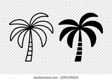 Árboles de palma vectoriales, Icono de árbol de palma aislado. Silhouettes de palma. Plantilla de diseño para concepto tropical, vacacional, playa, verano. Ilustración vectorial. Vista frontal