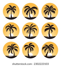 Vector Palm Trees, Palm Tree Icon Set Isolated. Palm Silhouettes on Sunset Background. Design Template for Tropical, Vacation, Beach, Summer Concept. Vector Illustration. Front View