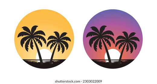 Vector Palm Trees, Palm Tree Icon Set Isolated. Palm Silhouettes on Sunset Background. Design Template for Tropical, Vacation, Beach, Summer Concept. Vector Illustration. Front View