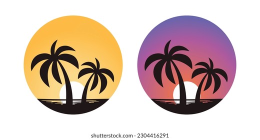 Vektorpalmenbaum, Palmenbaumsymbol einzeln. Palmsilhouettes auf Sonnenuntergang. Design-Vorlage für Tropical, Urlaub, Strand, Sommerkonzept. Vektorgrafik. Vorderansicht