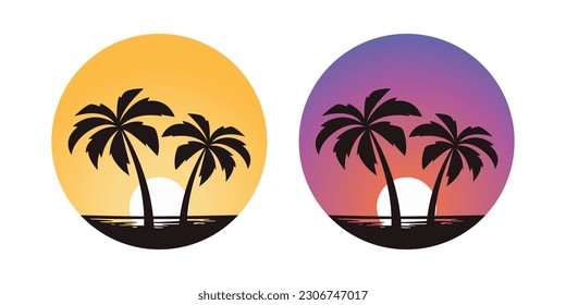 Vector Palm Trees, Palm Tree Icon Set Isolated. Palm Silhouettes on Sunset Background. Design Template for Tropical, Vacation, Beach, Summer Concept. Vector Illustration. Front View