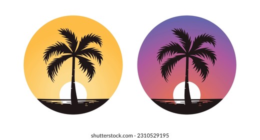Vector Palm Trees, Palm Tree Icon Set Isolated. Palm Silhouettes on Sunset Background. Design Template for Tropical, Vacation, Beach, Summer Concept. Vector Illustration. Front View