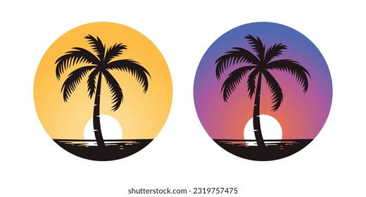 Vector Palm Trees, Palm Tree Icon Set Isolated. Palm Silhouettes on Sunset Background. Design Template for Tropical, Vacation, Beach, Summer Concept. Vector Illustration. Front View