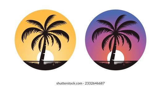 Vector Palm Trees, Palm Tree Icon Set Isolated. Palm Silhouettes on Sunset Background. Design Template for Tropical, Vacation, Beach, Summer Concept. Vector Illustration. Front View