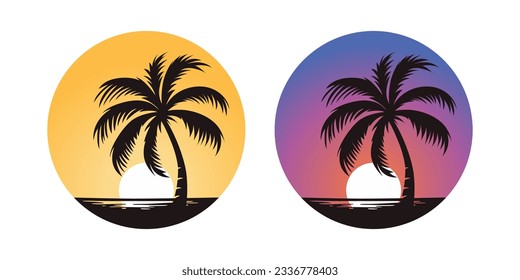 Vector Palm Trees, Palm Tree Icon Set Isolated. Palm Silhouettes on Sunset Background. Design Template for Tropical, Vacation, Beach, Summer Concept. Vector Illustration. Front View