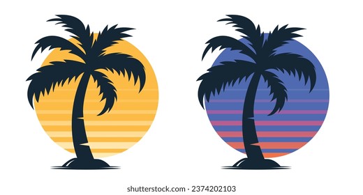 Vector Palm Trees, Palm Tree Icon Set Isolated. Palm Silhouettes on Sunset Background. Design Template for Tropical, Vacation, Beach, Summer Concept. Vector Illustration. Front View