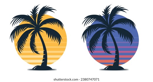 Vector Palm Trees, Palm Tree Icon Set Isolated. Palm Silhouettes on Sunset Background. Design Template for Tropical, Vacation, Beach, Summer Concept. Vector Illustration. Front View