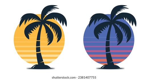 Vector Palm Trees, Palm Tree Icon Set Isolated. Palm Silhouettes on Sunset Background. Design Template for Tropical, Vacation, Beach, Summer Concept. Vector Illustration. Front View
