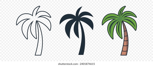 Vector Palm Trees, Palm Tree Icon Set Isolated. Design Template for Tropical, Vacation, Beach, Summer Concept. Vector Illustration. Front View
