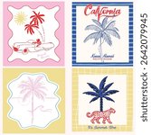 vector palm tropic summer sun sea wave tiger sun colourful vibe beach brush hand drawn summer car line art tatto vine frame wild tiger surf hawaii sunset sketch island beach tree icon bird sun bath