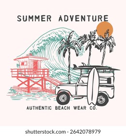 vector palm tropic summer sun sea wave shell sun summer vibe beach brush hand drawn summer car line art tatto table vine frame wild tiger surf hawaii sunset sketch island beach tree icon bird sun bath