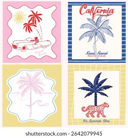 vector palm tropic summer sun sea wave tiger sun colourful vibe beach brush hand drawn summer car line art tatto vine frame wild tiger surf hawaii sunset sketch island beach tree icon bird sun bath