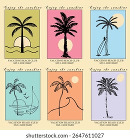 Image vectorielle palme tropique été soleil mer vague coquillage marin vibe plage pinceau dessiné à la main été voiture ligne art tatto table cadre vigne sauvage tigre surf hawaï coucher de soleil croquis île de plage icône d'arbre oiseau bain de soleil