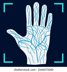 Vector Palm Vein Scanning Flat Icon. Palm Vein Scan Icon Isolated On Dark Background. Biometric Identification Web Graphics