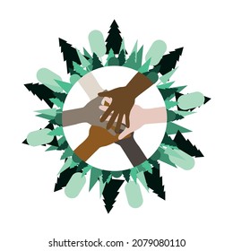 vector of palms lying on top of each other. flat illustration of wildlife conservation by people of different skin colors. joint international work to save the forest.