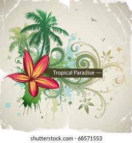 Vector palms, tropical flowers