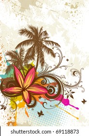 Vector palms, tropical flowers