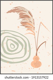 Vector pampas grass panicles botanical wall art. Abstract vase and plants home decor. Mid Century Modern aesthetics. Gentle neutral warm colors. Contemporary design collage