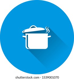 Vector pan icon with steam. Cooking symbol on blue background. Flat image with long shadow.