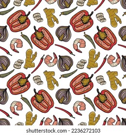 Vector Panasian food seamless pattern. Hand drawn sketch with asian food such as noodles, shrimps, gingers, dumplings, roast ducks, spicy soup, fried crabs.
