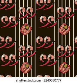 Vector Panasian food seamless pattern. Hand drawn sketch with asian food such as noodles, shrimps, gingers, dumplings, spicy soup.