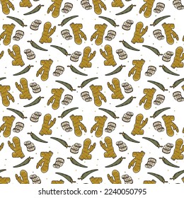 Vector Panasian food seamless pattern. Hand drawn sketch with asian food such as noodles, shrimps, gingers, dumplings, spicy soup.