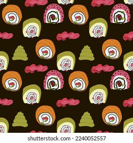 Vector Panasian food seamless pattern with asian food such as japanese sushi, lotus roots, gingers, mushrooms, vegetables, wasabi.