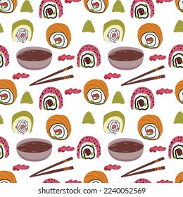 Vector Panasian food seamless pattern with asian food such as japanese sushi, lotus roots, gingers, mushrooms, vegetables, wasabi.