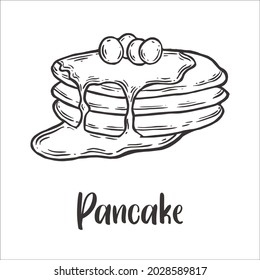 Vector of Pancake with blueberry hand drawn sketch style. Drawing element design. Used for menu, poster, banner, label, logo or printed t-shirts, etc.