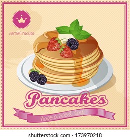 Vector pancake. Breakfast. Cafes. Berries. Blackberries. Strawberries. Berries. Vintage. Signboard. Honey