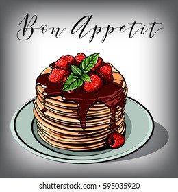 Vector pancake. Breakfast. Cafes. Berries. Raspberry. Blueberries. Mint. Vintage.Vintage. Signboard. chocolate