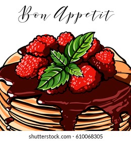 Vector pancake. Breakfast. Cafes. Berries. Raspberry. Blueberries. Mint. Vintage.Vintage. Signboard. chocolate