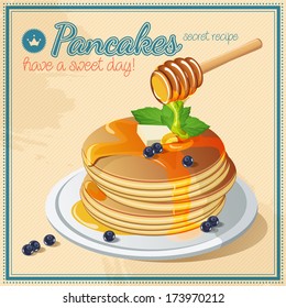Vector pancake. Breakfast. Cafes. Berries.Honey. Sweets. Blueberries. Butter.Vintage. Signboard. Honey