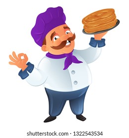 Vector Pancake Day funny illustration with cartoon mustachioed cooking chef in hat with griddle or plate to Happy Shrove Tuesday holiday isolated on white background Great for postcard and web banner