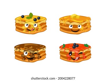 Vector pancakes, cartoon funny faces pancakes illutration, different syrups and honey, sweet pancake isolated on white background.