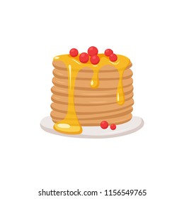 Vector pancakes with honey and berries isolated on white background