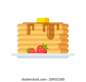 Vector pancakes icon. Stack of pancakes with syrup, butter and strawberries. Isolated flat illustration.