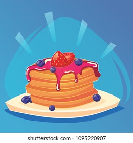 Vector pancakes illustration. Baking with syrup strawberries and blueberries Breakfast concept. Food game icon, cartoon food, vector illustration eps10.