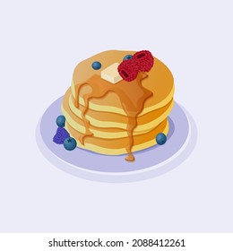 Vector pancakes illustration. Baking with syrup and blueberries and raspberries. Breakfast concept.