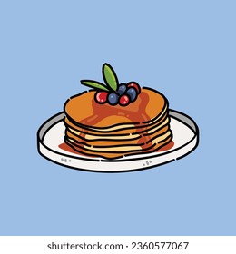 Vector pancakes illustration. Baking with syrup and blueberries and raspberries. Breakfast concept.