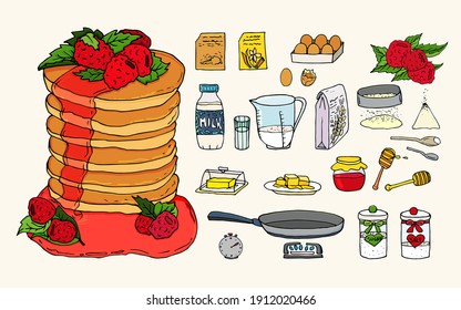 El vector hace una ilustración. 
Receta de panqueque. Proceso de cocción, alimentos aislados. El concepto de desayuno.