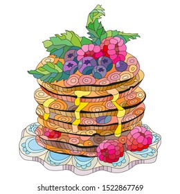 Vector pancakes with raspberries, blueberries and mint leaves.