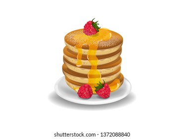 Vector pancakes with raspberry on white background.