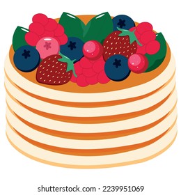 Vector pancakes with syrup, blueberries, strawberries and raspberries. Breakfast concept.